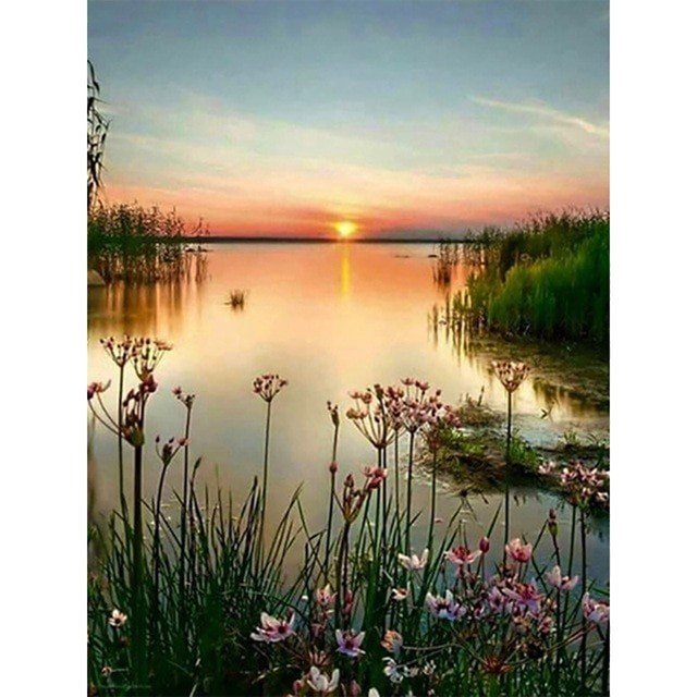 5D DIY Diamond Painting Full Round Landscape Sunset Seaside Kit Diamond Embroidery Mosaic Art Picture of Rhinestones Home Decor