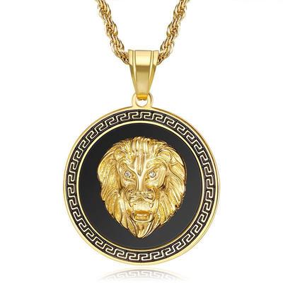 Collar Circular de Campeón Dorado en Acero Inoxidable para Hombre Colgante de León Incrustado con Circonita Joyería Dorada