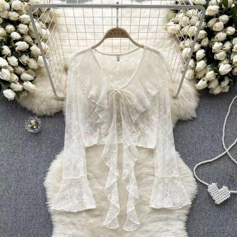 Cardigan estivo in chiffon da donna - Pizzo con balze, Chiusura con laccio sul davanti, Maniche a campana, Sciarpa parasole.