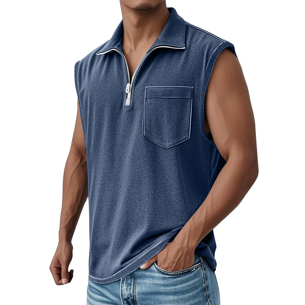 Men's Summer Solid Color Sports Zipper Lapel Vest Men's Sports Casual Vest