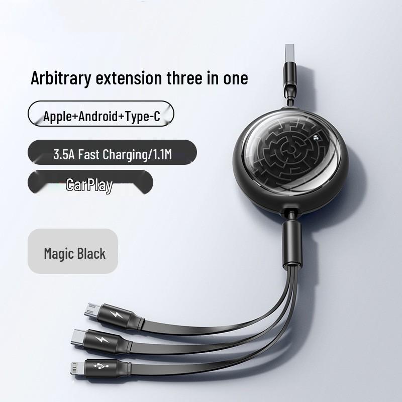 Retractable 3-in-1 USB Fast Charging Cable for Apple, Android, Type-C Devices