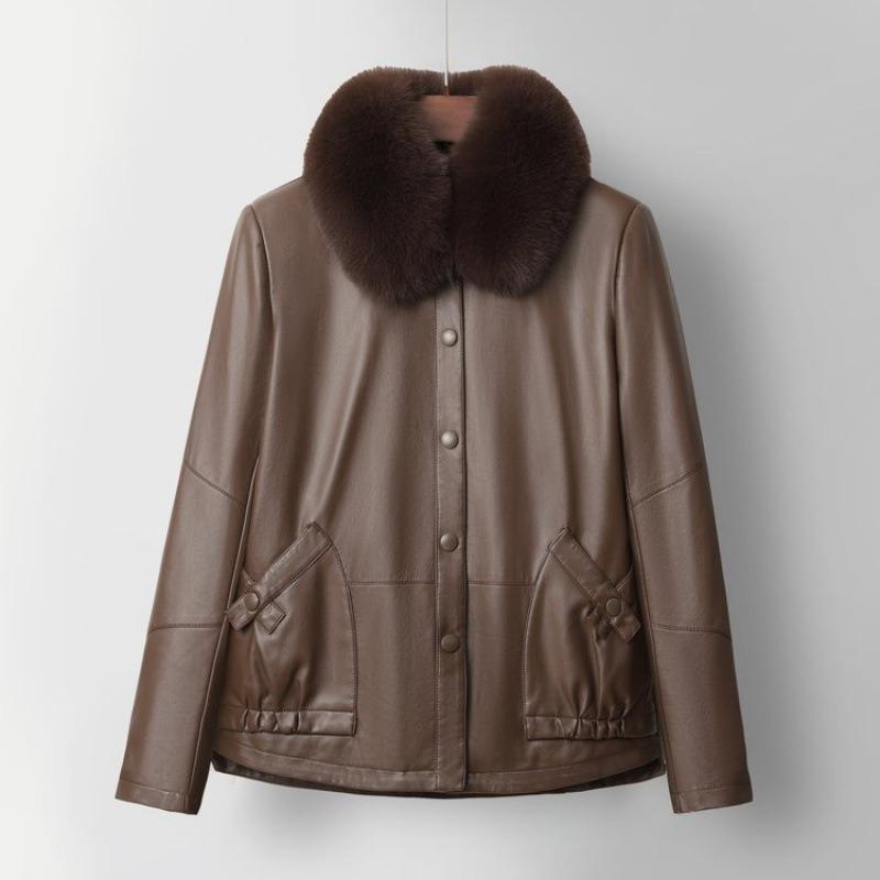 

Middle-aged and old women s autumn and winter coat fleece thickened leather jacket women s fur collar leather jacket noble women s leather jacket 5XL [Recommended 150-80 kg]