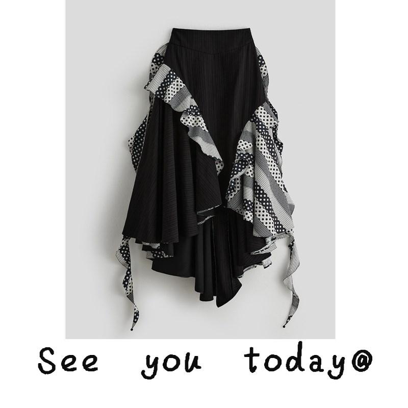 French Retro Black and White Irregular Hem Black and White Polka Dot Patchwork Skirt for Women with a High-End Feel and Ruffled Polka Dot Design M белый/чёрный