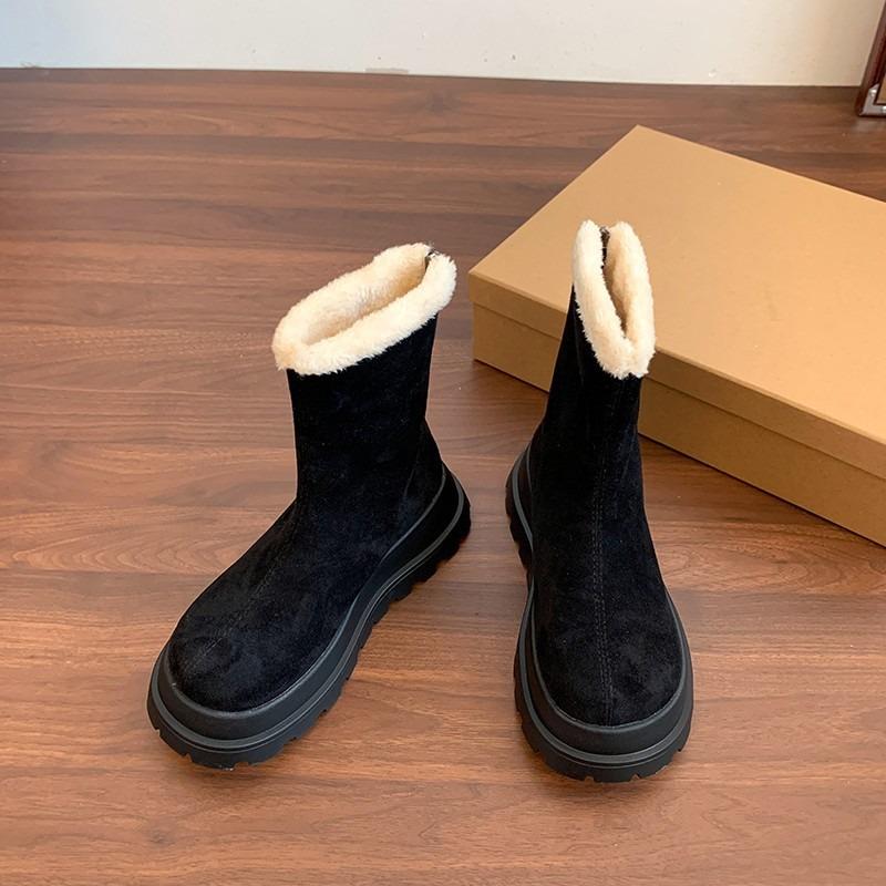 Winter New Women's Matte Leather Retro Fluffy Lapel Wool Snow Boots Two Wear Piled Thickened Thermal Cotton Boots