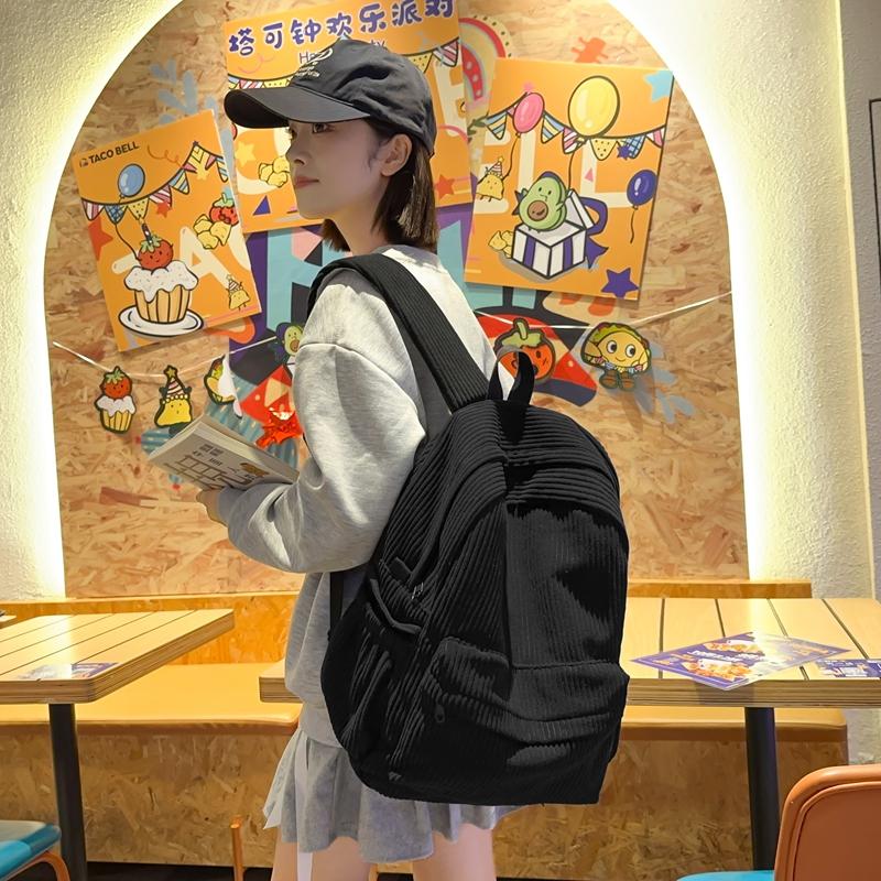 Striped Velvet Student Backpack  Simplicity Solid Color  High Capacity Backpack  Traveling  Outdoors  Versatile  New
