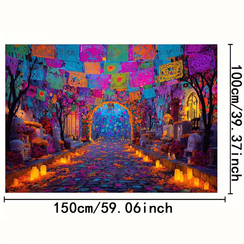 2D Mexican Day of the Dead Backdrop, Cemetery with Flags and Marigold Path Background