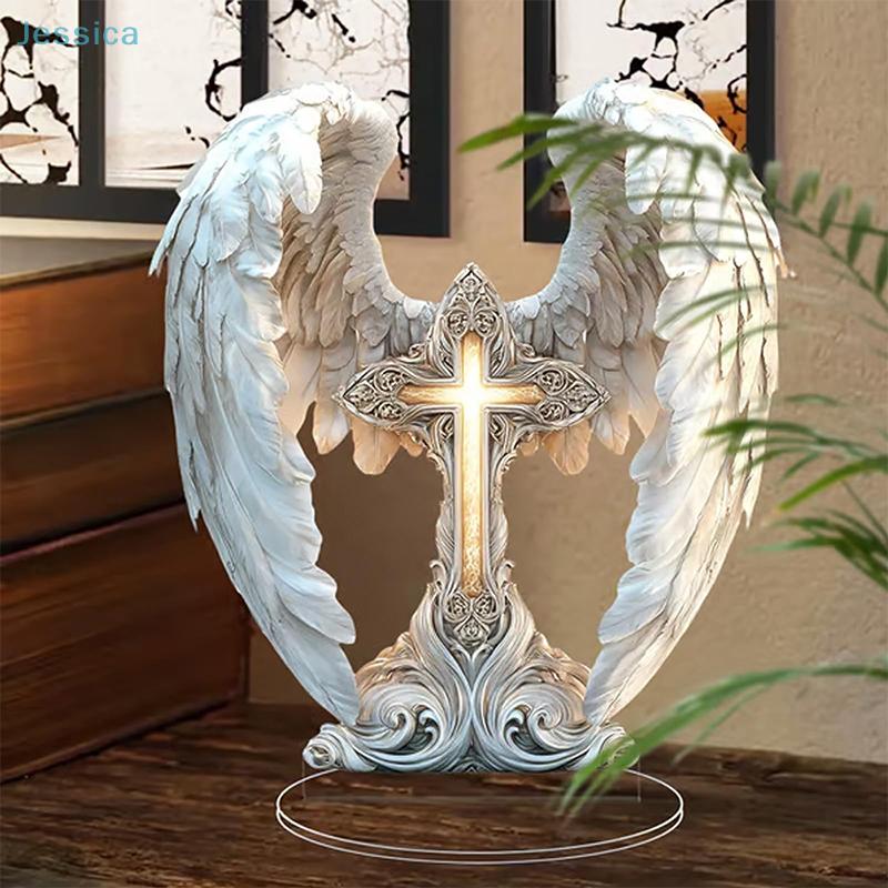 Nativity Scene Angel Wing Decor Holy Family Christmas Figurine with Warm Light, Religious Home & Holiday Decoration