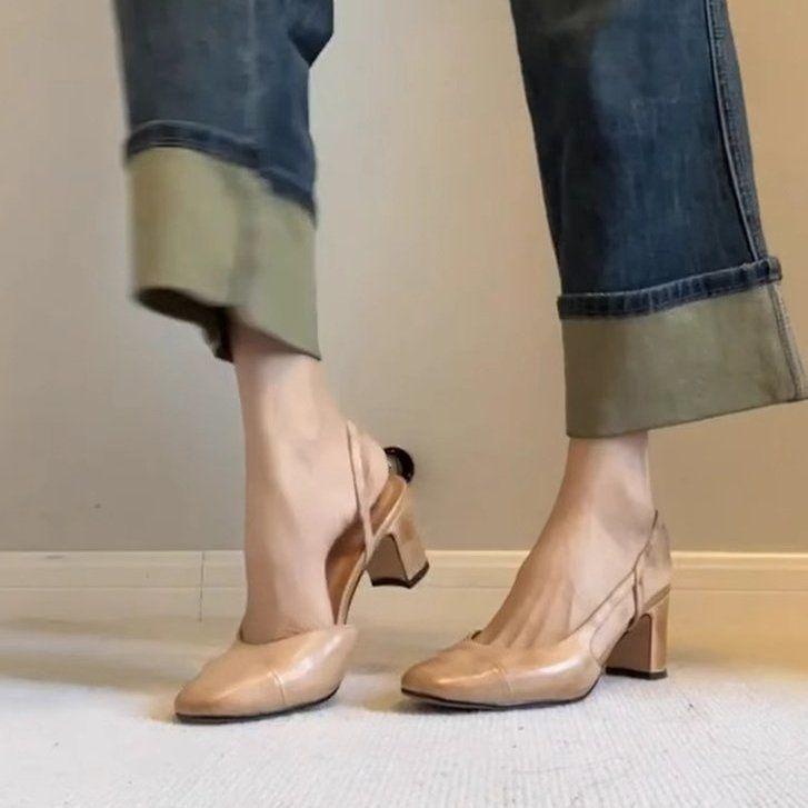 New French thick heel retro literary and artistic style one-pedal round head high heel sandals women's round head rear strap bag head shoes