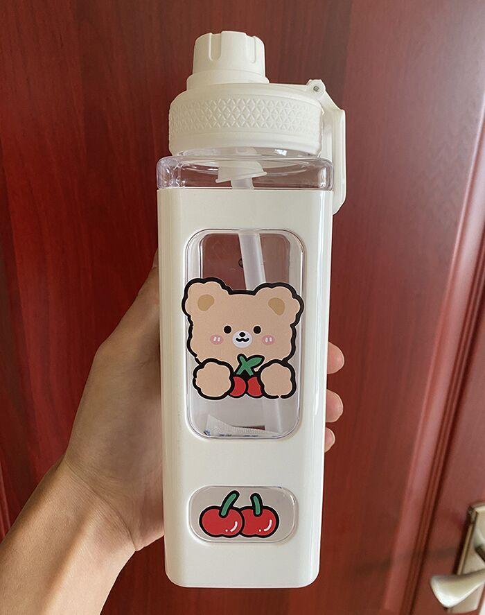 Kawaii Pastel Straw Bottle New Transparent Square Cute Water Bottles Large Capacity Travel Outdoor Sport Cycling Bottle BPA Free