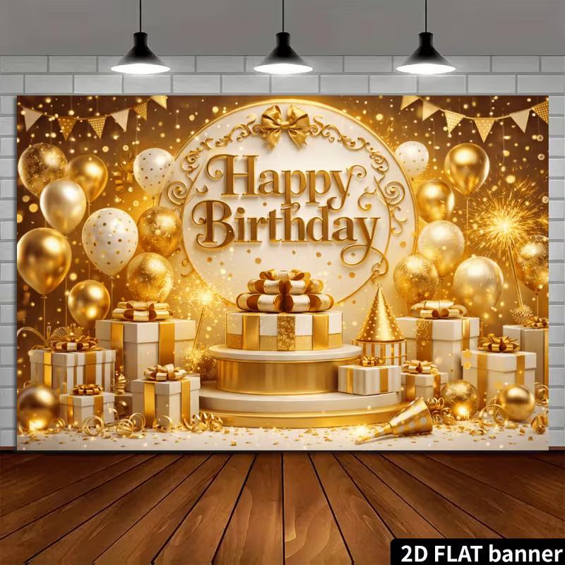2D Gold & White Themed Birthday Photo Booth Backdrop with Bunting Flags