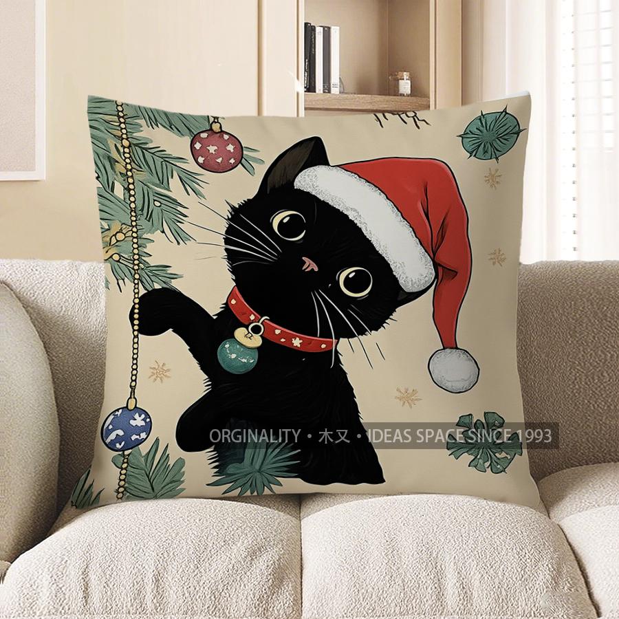 

Home Decor Black Cat with Santa Hat Christmas Pillow Pattern Cushion Cover Suitable for Sofa Bedroom Car Pillow Cover 40x40cm