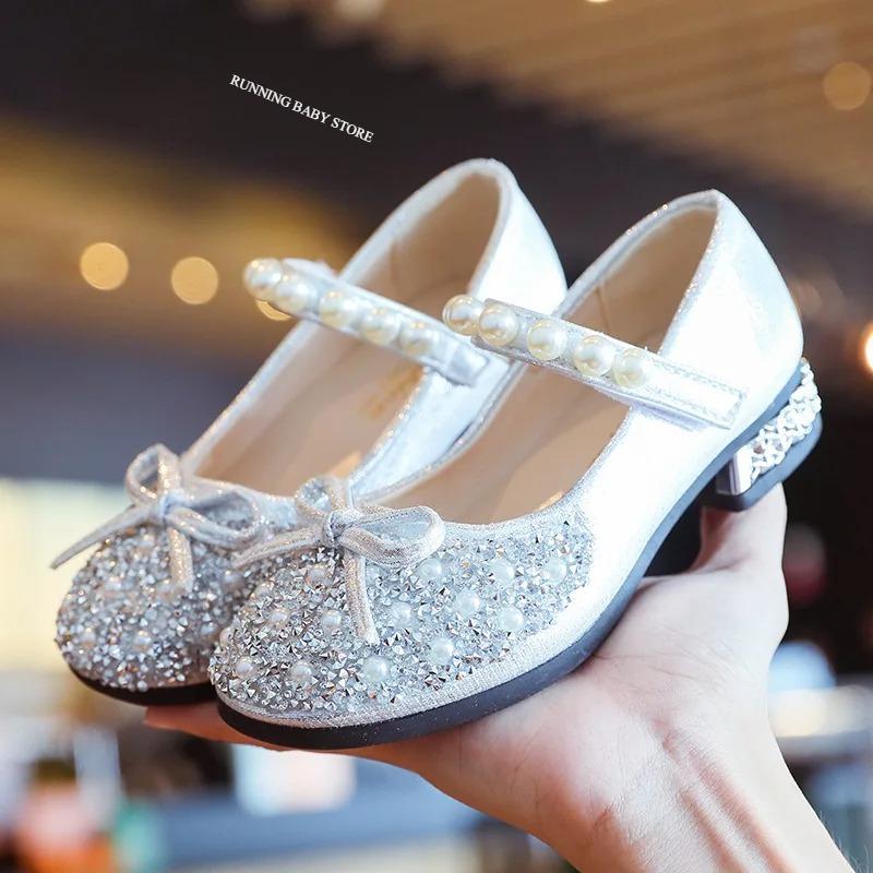 

High Heel Butterfly Shoes Girl Princess Holiday Party Kids Dress Shoes Soft Sole Bling Luxury Designer Shoes for Girls I07018 26 серебряный