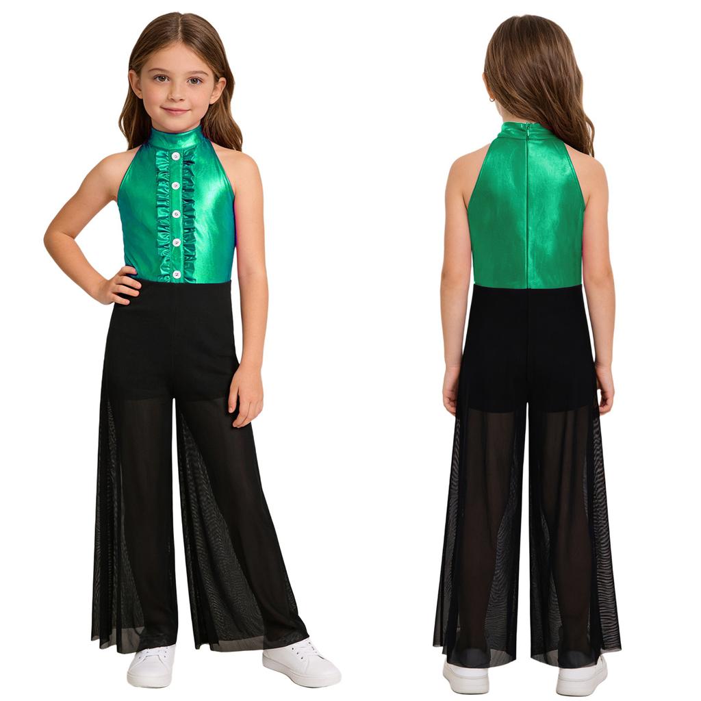 Sprankelende Metallic & Mesh Dans Jumpsuit voor Meisjes: Hoge Hals Mouwloos met Gerimpeld Bovenlijf & Wijdvallende Broek voor het Podium