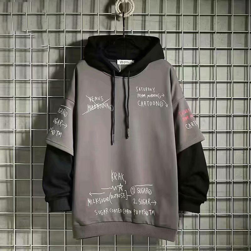 Spring Autumn Men's Sweater Retro Hooded Print Sweatshirt Loose Hoodie Fleece Padded Jacket