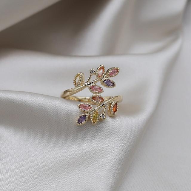 14K Prawdziwe Złocenie Korea Nowa Moda Biżuteria Wykwintne Zielone Cyrkonowe Pszenica Ucho Liść Pierścienie Eleganckie Damskie Otwarte Pierścienie Imprezowe