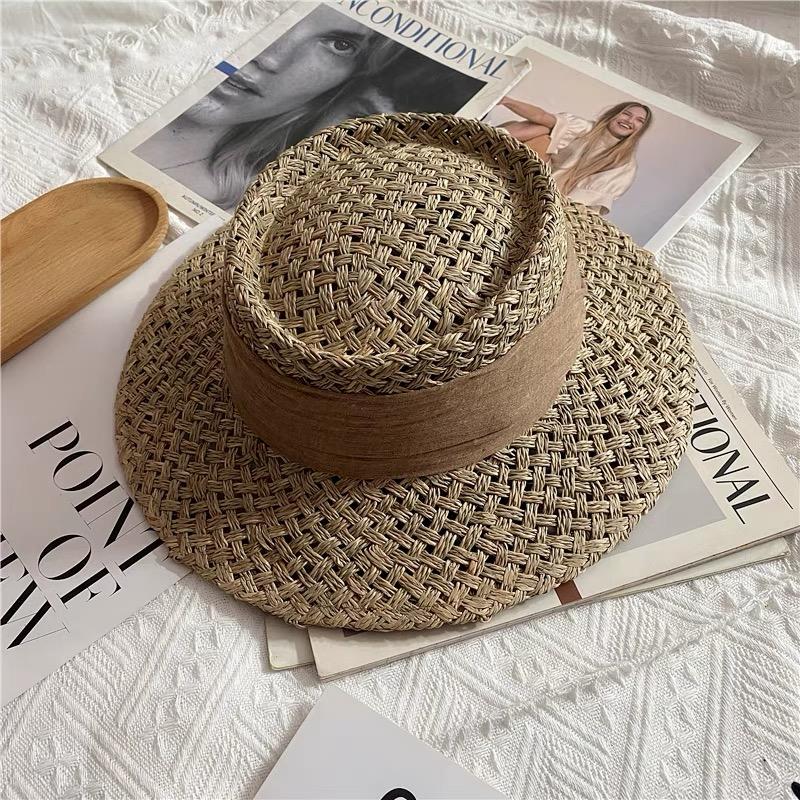 

Vintage Natural Grass Straw Hat Hand Woven Wide Brim Summer Sun Hat Women High-quality Designer Customize Fadora Hat For Woman 54-58cm