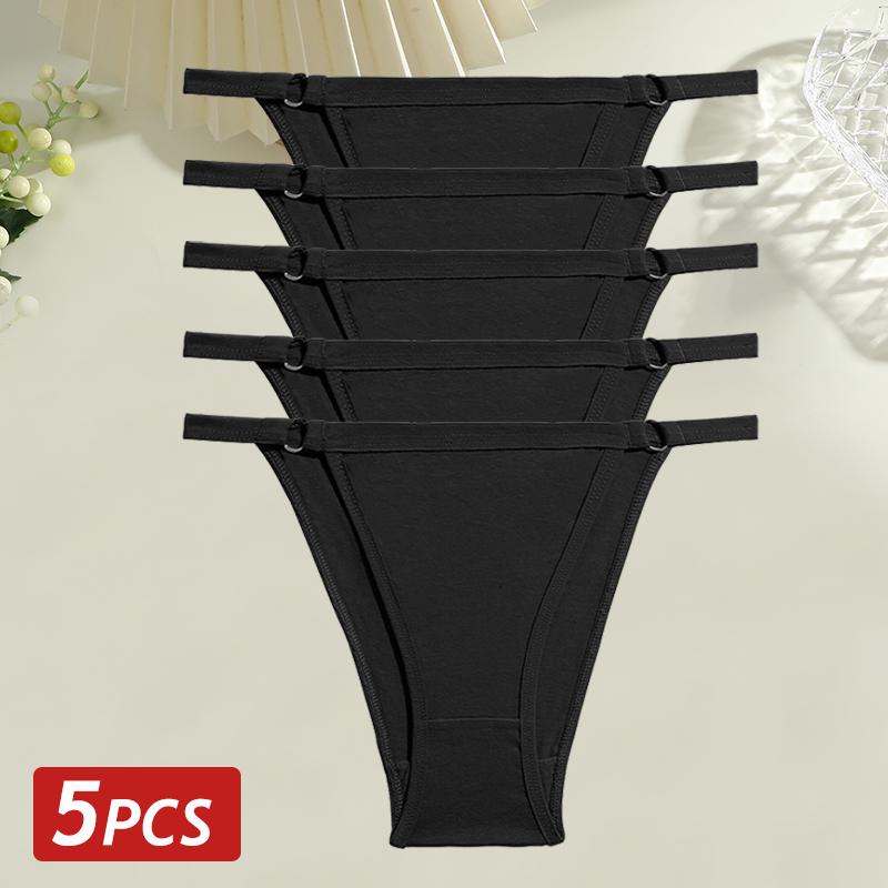 5PCS/Set Women Cotton Briefs Sexy Low Rise Panties Metal Ring Hollow Breathable Underwear Solid Color Comfortable Lingerie M-2XL