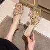 Middle Heel Square Head 2025 Summer New Rhinestone Korean Version Fashion Thick Bottom Casual Transparent Belt Women's Foot Cool Slippers