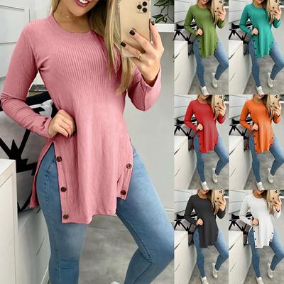 Women Casual O-Neck Solid Color Side Button Split Tshirts Autumn Long Sleeve Oversize Pullover Tunic Tops Lady Fashion Clothing