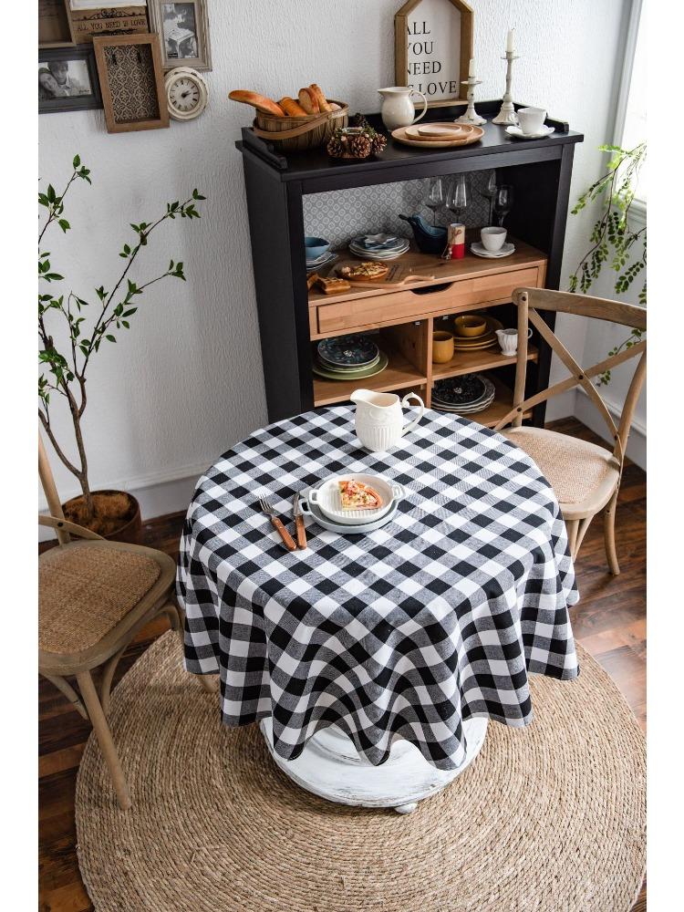 Plaid  Black and White Coffee Table Cloth Dining Table Cloth Round Table Cover for Valentine’s Day, Small Round Tables, Dining Room, Bedroom