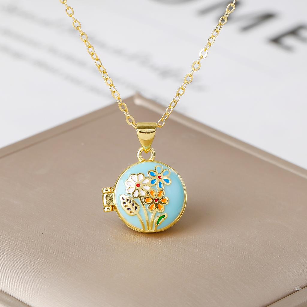 Round Photo Box Enamel Flower Gold-Plated Pendant Necklace Fashion for Women's Girls' Party Wedding Luxury Jewelry Gift