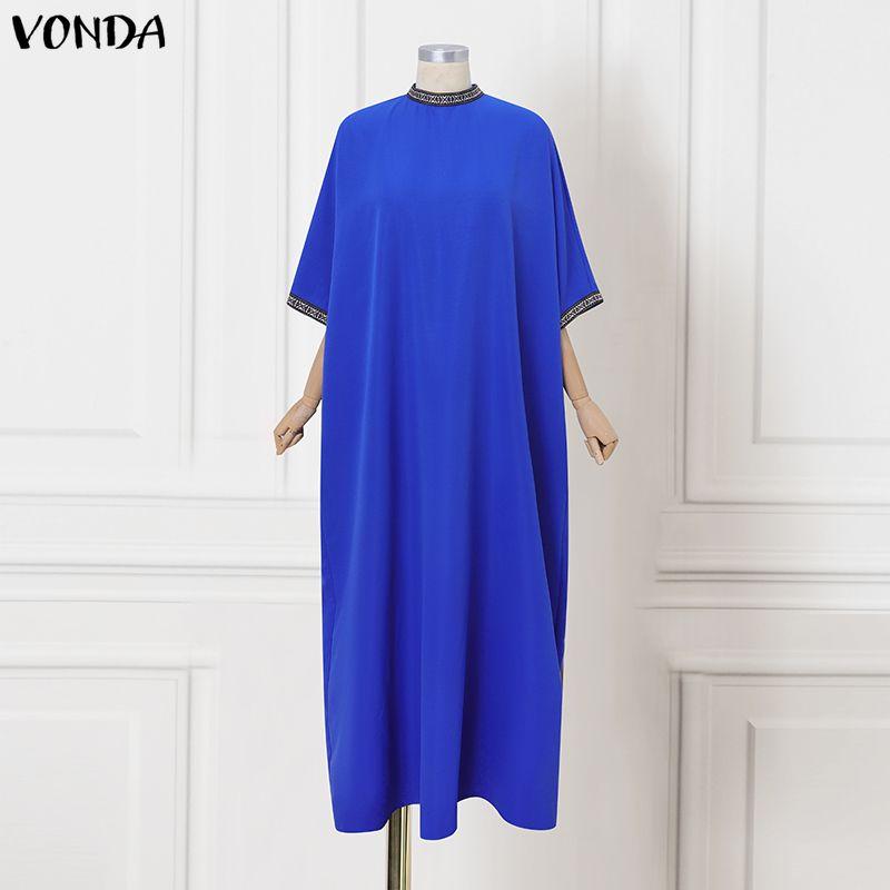 VONDA Women Casual Round Neck 3/4 Sleeve Splicing Casual Baggy Long Maxi Swing Dress