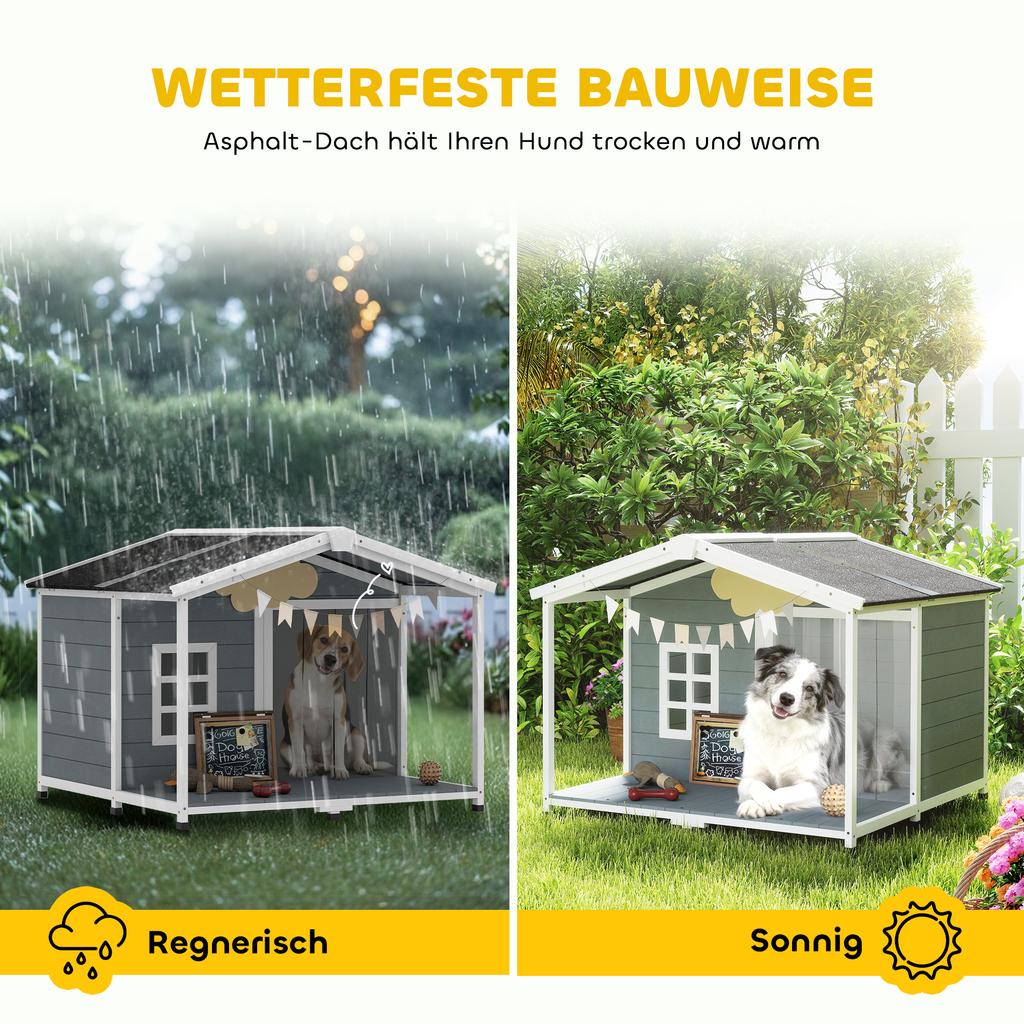 Dog House Weatherproof Elevated Dog House Made of Wood with Asphalt Roof, Terrace, for Medium-Sized Dogs 103x107x83.5cm Grey
