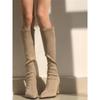 Nude high-heeled long boots New year's models but knee elastic thin boots pointed thick-heeled boots