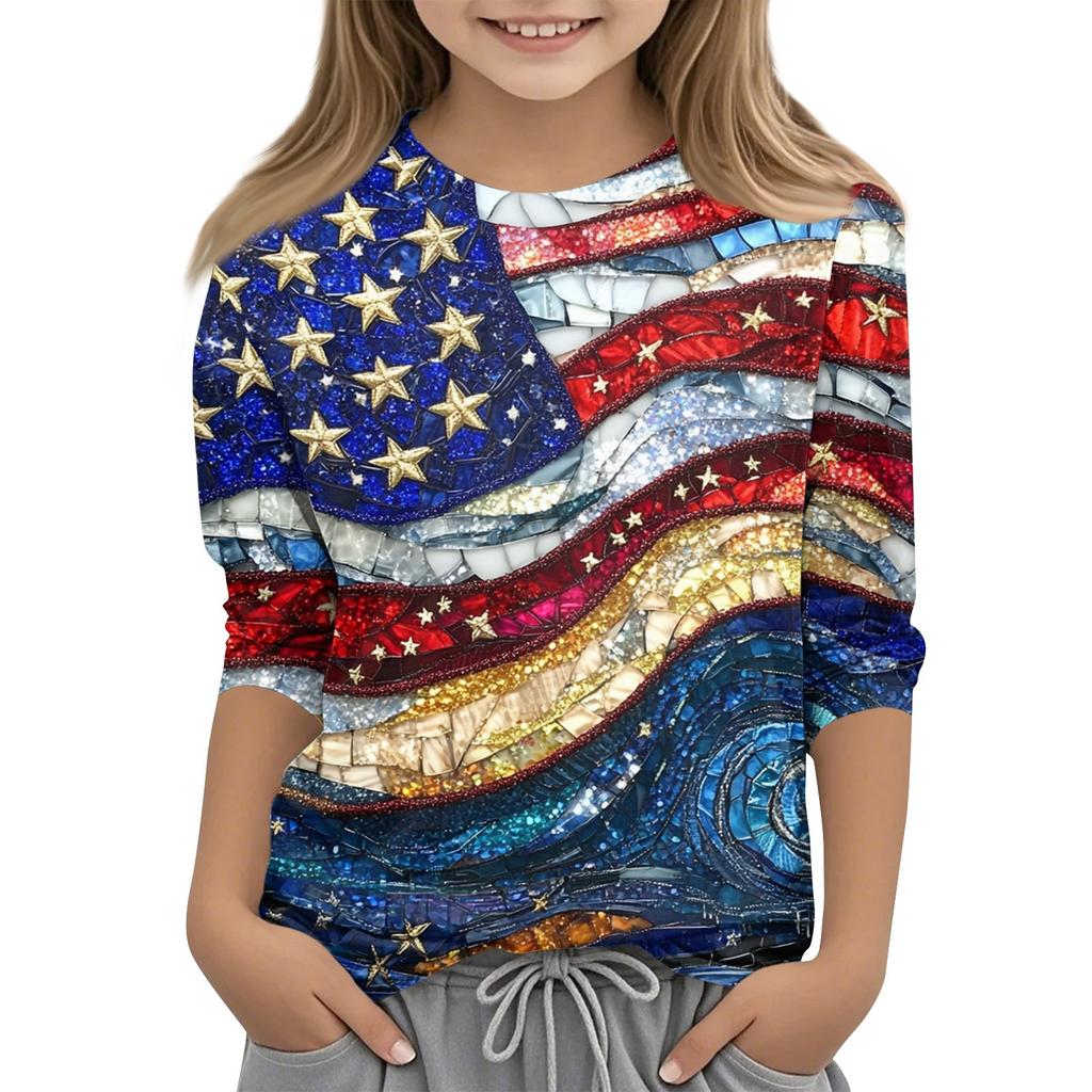 Children's Fashion Printed Round Neck Three-quarter Sleeve Top Casual T-shirt