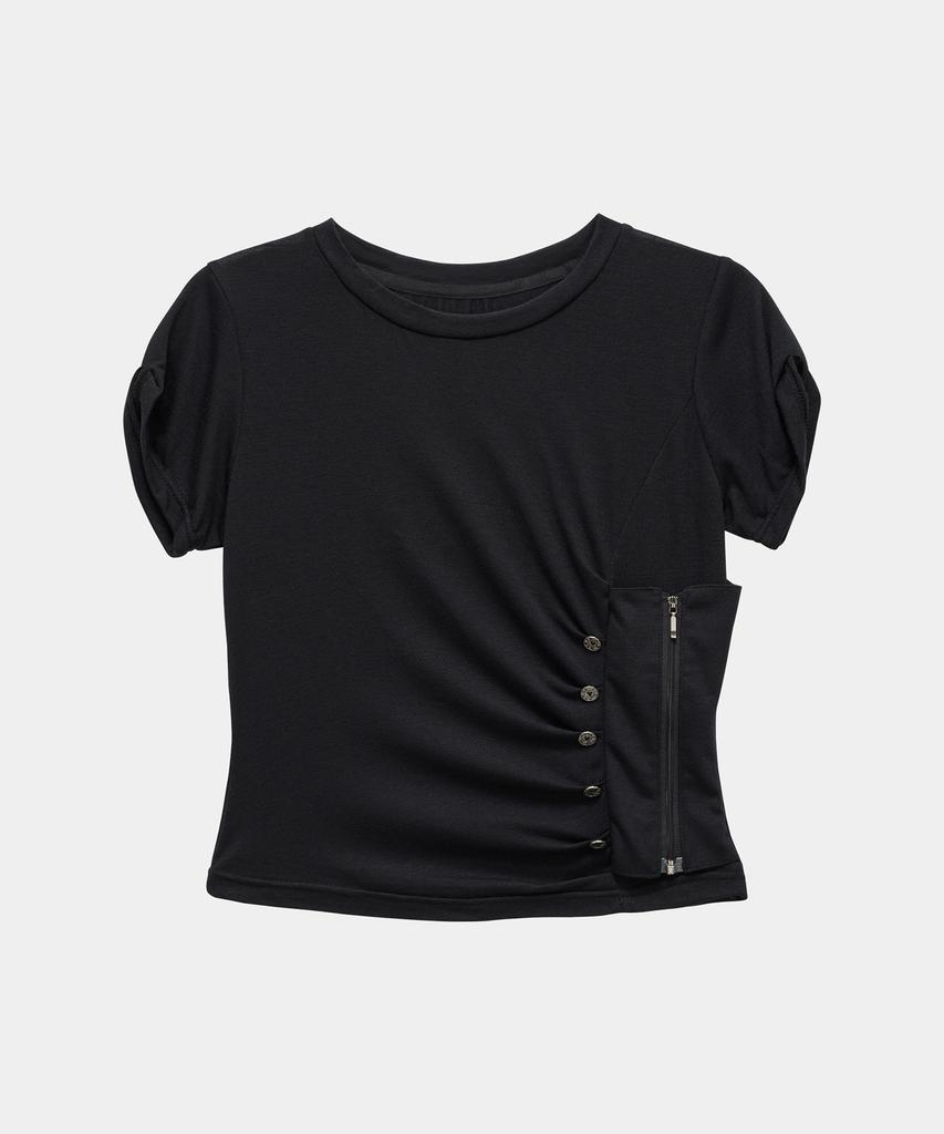 ETRE AU SOMMET Drape Pintuck Zipper Roll-Up Short Top (Black)