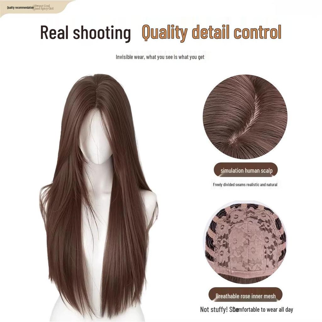 Korean Style Long Black Straight Wig for Women with Natural, Realistic Hair, Traceless Middle Part and Bangs.