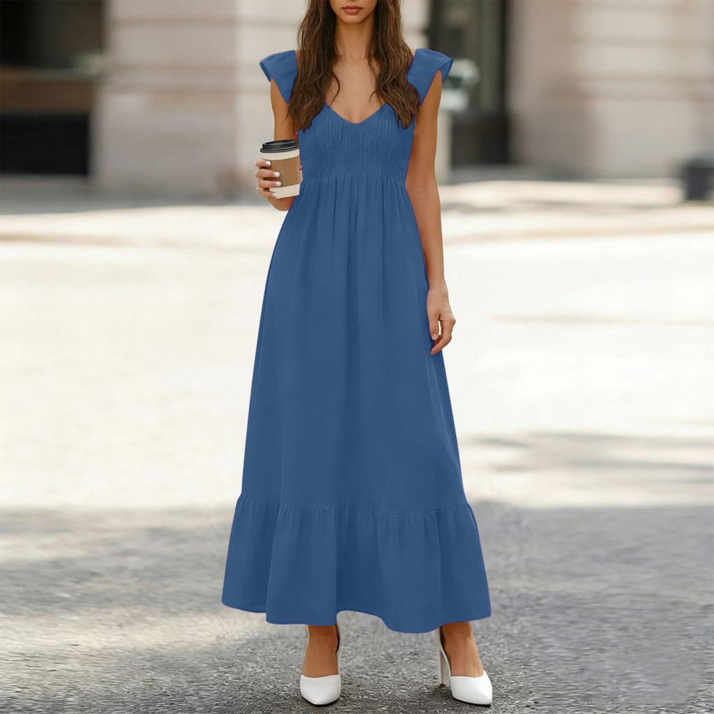 Women's Fashionable V-neck Casual Loose High Waisted Color Ruffle Sleeveless Pleated Long Dresses