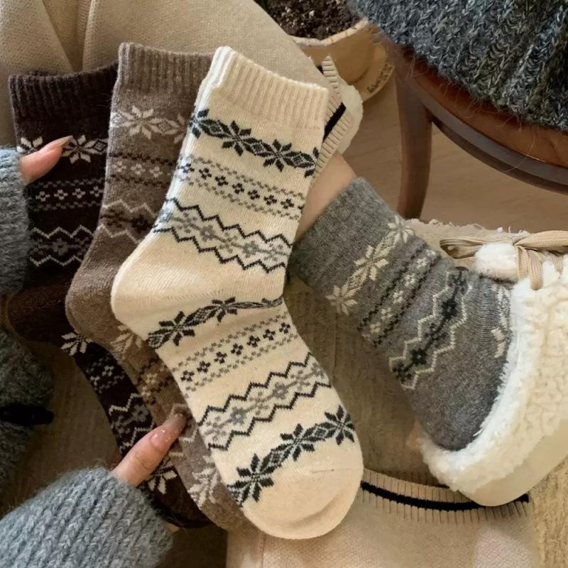 Retro Wollsocken Kinder Koreanische Mittelrohrsocken Geometrische Schneeflocke Verdickte Warme Stacking-Socken