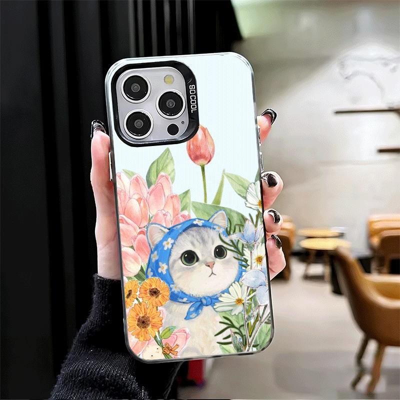 Cute Floral Headscarf Kitten Soft Phone Case for iPhone 15 16 17 Pro Max 17Air 16E 14 Plus 13 12 Mini Shockproof Cover Back Shel