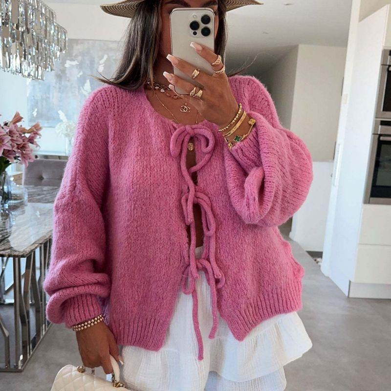 Simple Sweater2025 European and American Autumn and Winter New Women round Neck Lace-up Knit cardigan Simple Sweater Outerwear
