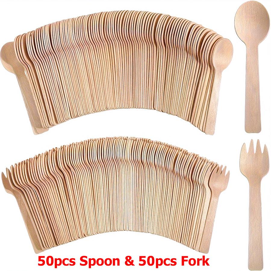 50/100pcs 14cm Disposable Wooden Spoon Fork Set for Party Wedding Cake Tasting Batch Practical Tableware Party Peripherals