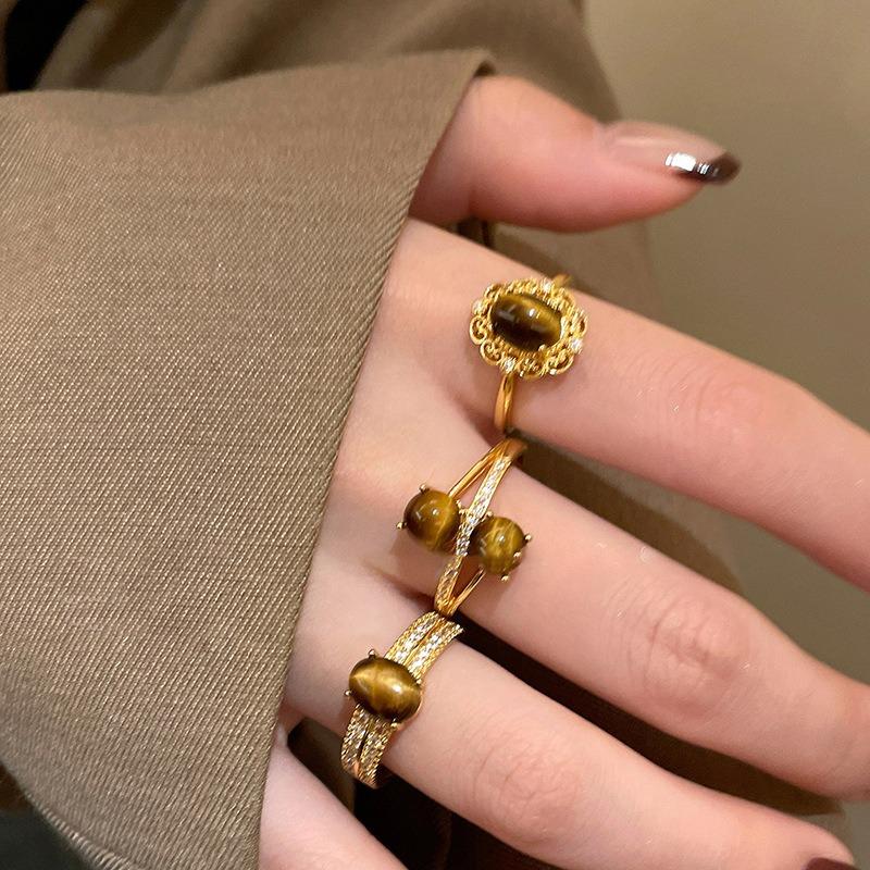 Real gold electroplated zircon tiger's eye stone oval open ring niche high-end index finger ring retro versatile jewelry