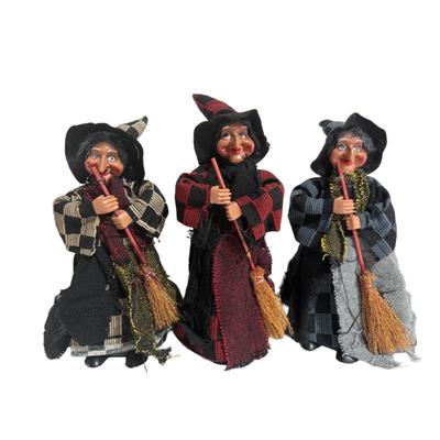 Halloween Plaid Apron Witch with Broom Ornament, Cute Ornament, Room Atmosphere Prank Decoration, 3 Pcs