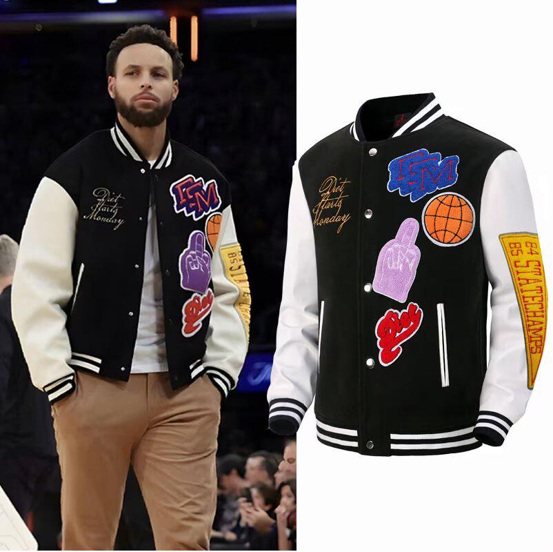 Tide Brand AC Milan Embroidered Leather-Sleeve Versatile Baseball Jacket