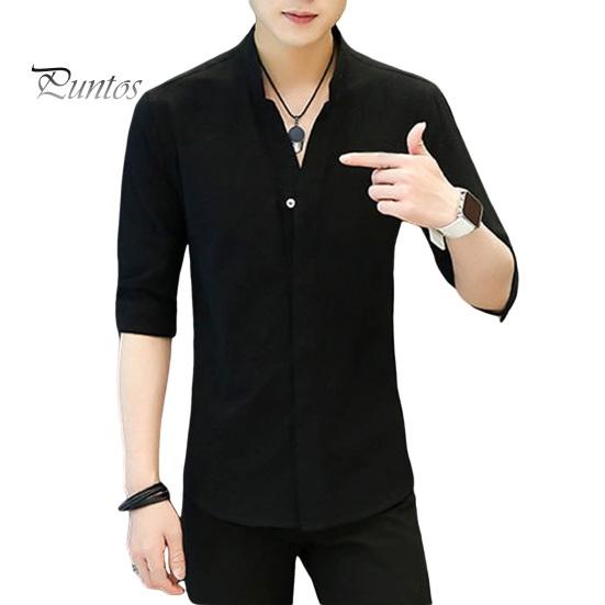 

Осень-лето мужская рубашка с воротником-стойкой Slim Fit с рукавами три четверти однобортный однобортный деловой стиль повседневный топ 2XL чёрный