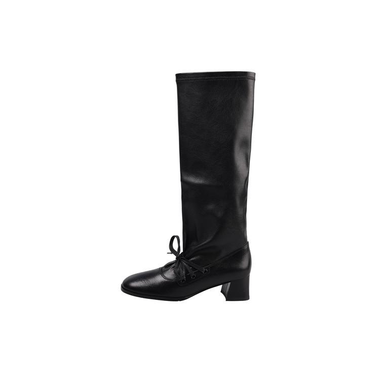 Skinny high-heeled boots 2025 autumn and winter new thick-heeled lace-up wrinkled stacked high boots female knight boots female
