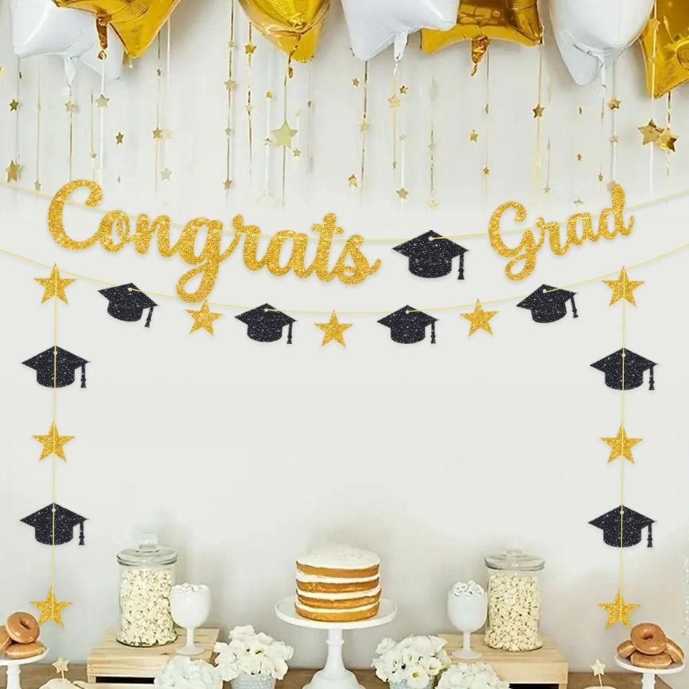 Reusable Glittery Gold Garland Glitter Decor Graduation Hanging Banner  Party Supplies