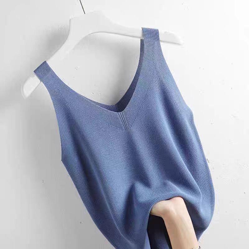 Women s V-Neck Ice Silk Knit Camisole - Sleeveless, Loose Fit, Slimming Summer Pullover. One Size