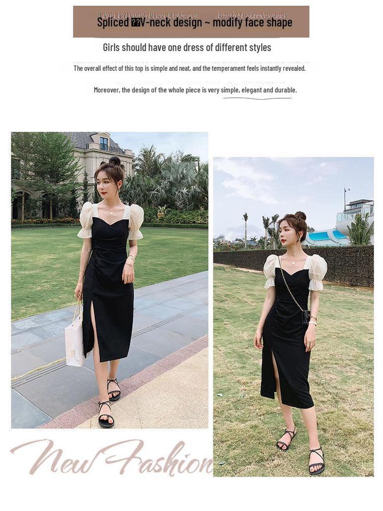 Damen 2021 Sommer Schwarz Slim Kurzarm Midi-Kleid