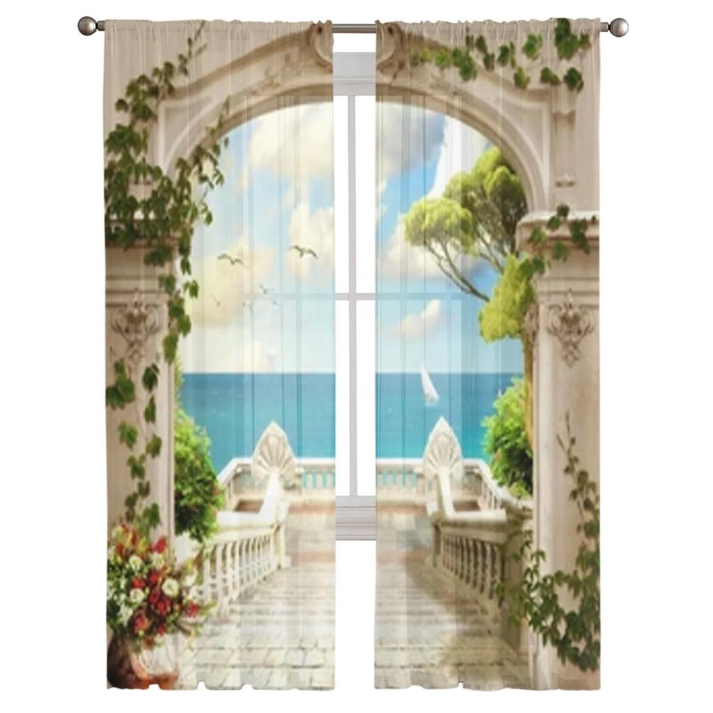 Cortinas transparentes com vista para o mar, cortina de voile para quarto, cortinas transparentes para janelas da sala de estar, cortinas de tule para cozinha