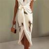 European And American Style Ladies Summer New Satin Printed Belted Dress Silky V-neck Cool Waist Slim Long Skirt