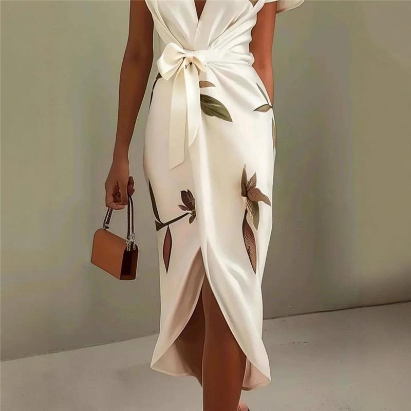 European And American Style Ladies Summer New Satin Printed Belted Dress Silky V-neck Cool Waist Slim Long Skirt