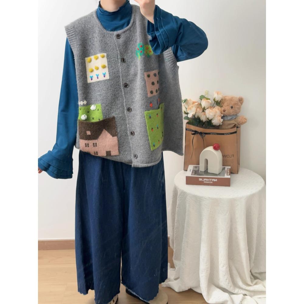 Dimanaf 2025 Autumn Women Sleeveless Vest Sweaters Pattern Printing Knitting Buttons Casual Style Loose Oversize Sweater