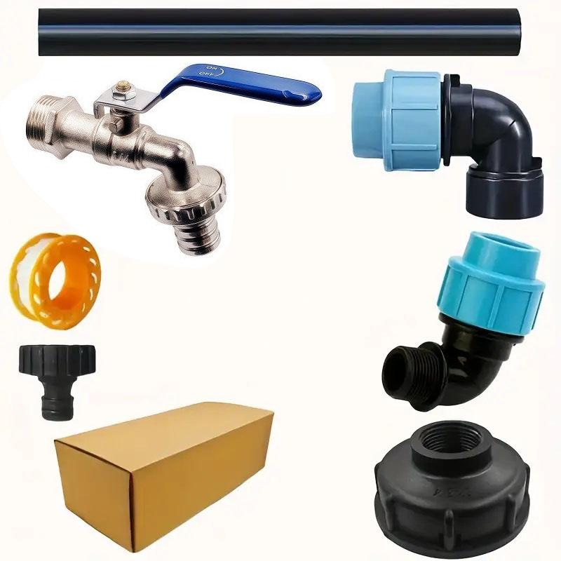

11-Piece Universal IBC Barrel Bracket Adapter Kit - Zinc Alloy Faucet Connector with PE Pipe Fittings, 3-Way Connector