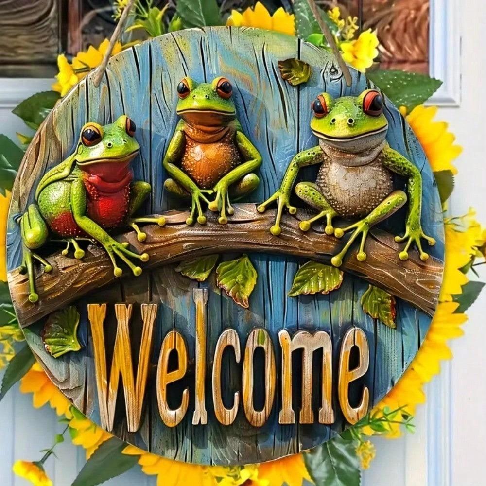 Vintage Metal Tin Sign Three Frogs Pattern Welcome Wall Art Poster Home Decor